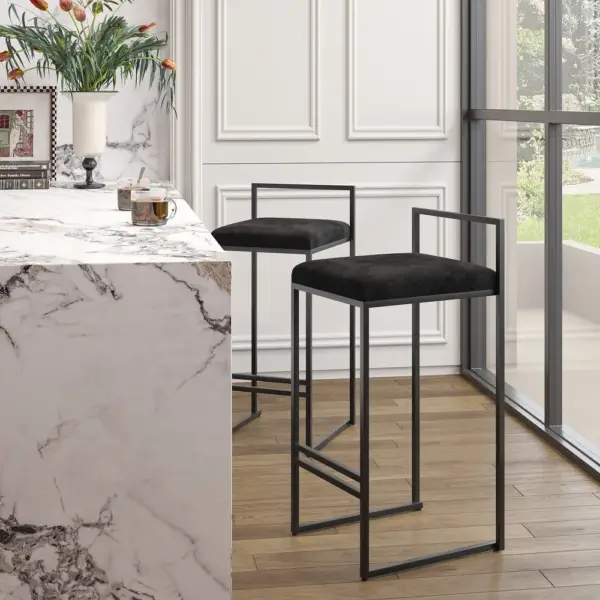 Set of 2 Modern Upholstered Black Velvet Bar Stool - Image 2