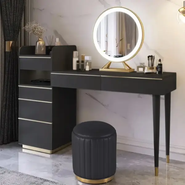 Modern Black Makeup Vanity Set Dressing Table with Lighted Mirror Cabinet & Stool - Image 2