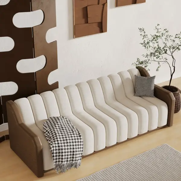 2400mm Modern White 3 Seater Fluted Velvet Upholstered Sofa Walnut Leather Arm - Image 6