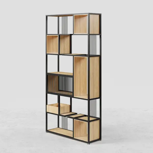 2000mm Modern Black Steel Geometric Bookcase 6-Tier Bookshelf Wooden Tall Book Shelf - Image 11