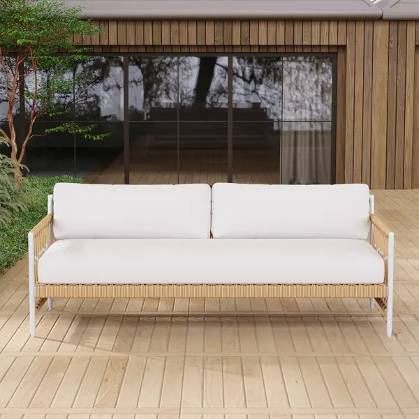 Ropipe Woven Rope Outdoor Sofa 3-Seater Sofa with White Polyester Pillow Cushion - Image 2
