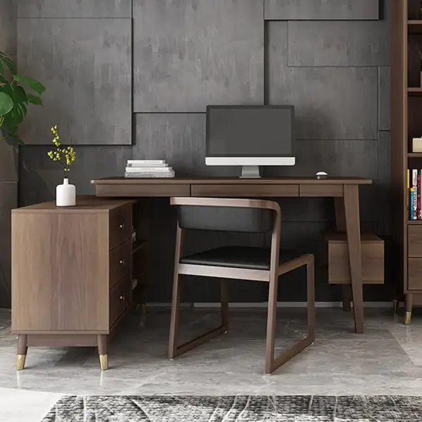 Ultic Walnut L Shaped Home Office Desk Wooden Computer Desk with Storage Drawers & Shelf - Image 2