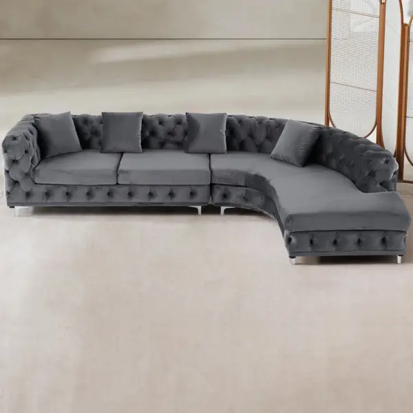 L-Shaped Curved Grey Sectional Sofa Upholstered Velvet Chesterfield Sofa - Image 10