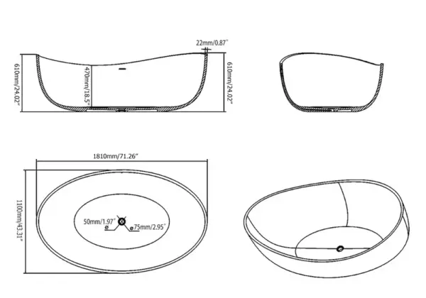 Oval Shape 1630mm Freestanding Matte White Stone Resin Soaking Bath with Overflow - Image 7