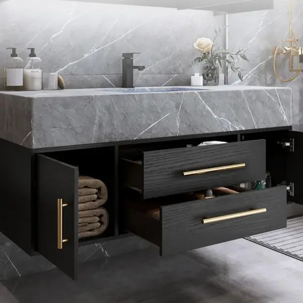Modern 1000mm Floating Black Bathroom Vanity Stone Top Wall Mounted Bathroom Cabinet - Image 15