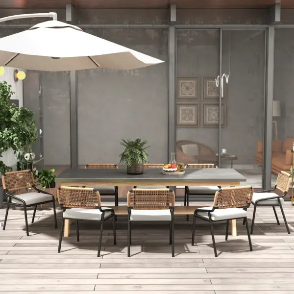 9Pcs Mid Century Modern Outdoor Dining Set Rectangle Table & Aluminum Rattan Chair - Image 6