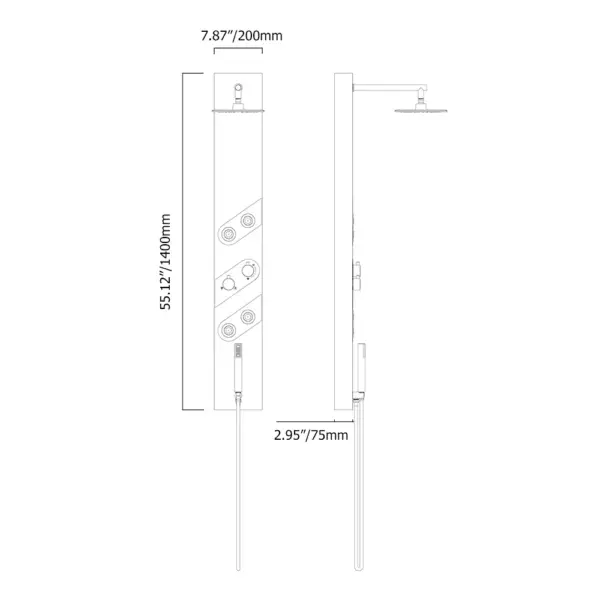 140mm Black Rainfall Shower Panel with Handheld Shower Adjustable Showerhead & Body Jets - Image 11