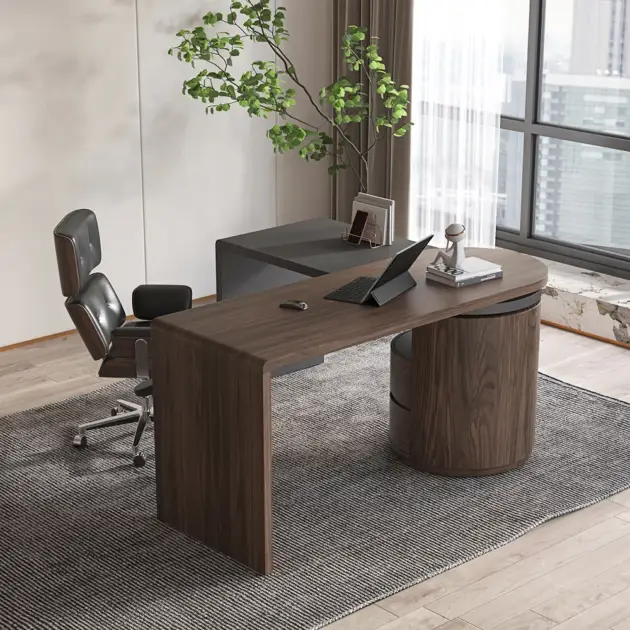 Modern L Shaped Desk in Walnut with 1 Cabinet & 2 Drawers 1520mm Executive Office Desk