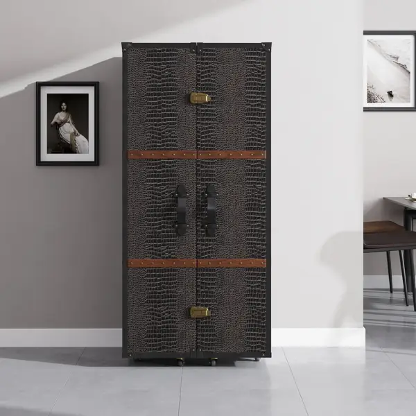 Industrial Black Leather Bar Wine Rack Cabinet with Door Storage Home Bar Cabinet - Image 6