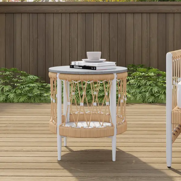 3 Pieces Aluminum & Weave Rope Outdoor Swivel Sofa Set with Side Table in Khaki for 2 - Image 9