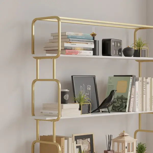 1800mm Modern White Tall Freestanding Wooden Office 4 Shelves Etagere Bookcase in Gold - Image 7