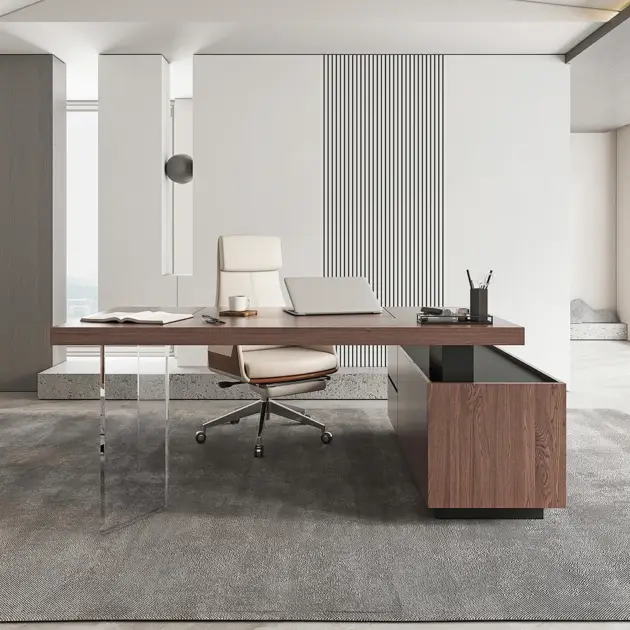 1815mm Modern Walnut Standing L-Shape Desk with Side Cabinet and lifter Desktop