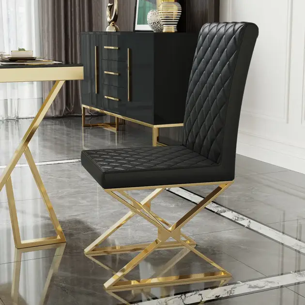 Dochic Modern Black Upholstered Leather Dining Table Chair Gold Legs Set of 2