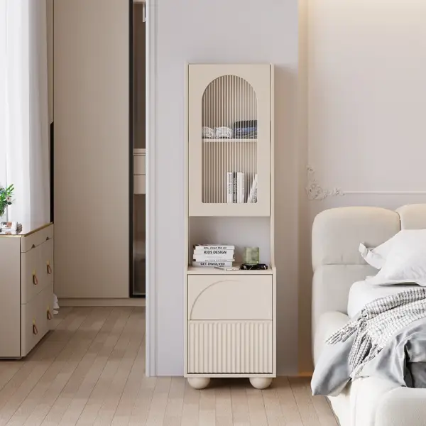 Modern Tall White Nightstand with Glass Door & Sheleves 2-Drawer Bedside Table - Image 6