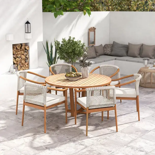 Modern Round Teak Wood 6 Person Outdoor Patio Dining Table in Natural