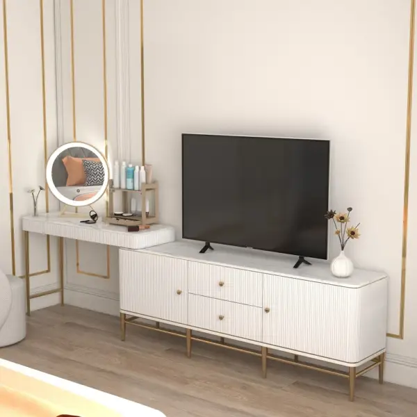 Bline Retractable Marble Top Makeup Vanity Table Cabinet Combo with Storage Corner - Image 8