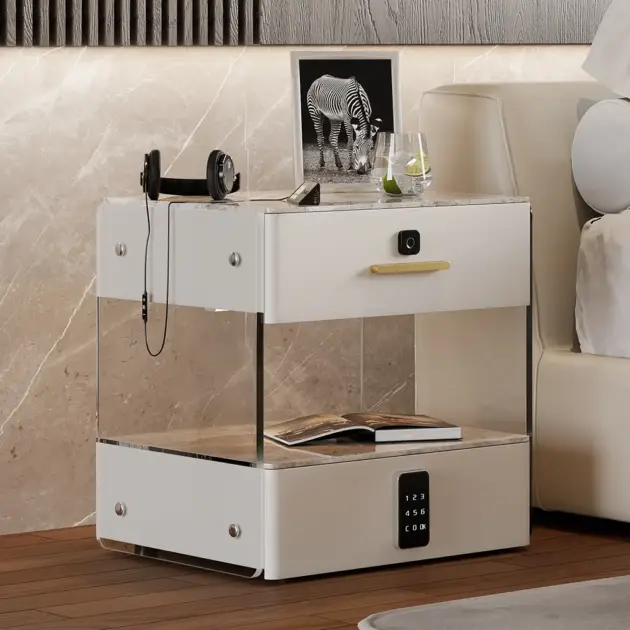 Modern White Smart Leather Nightstand with Light & Sintered Stone Top & Fingerprint Lock