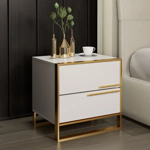 Nightstand Set of 2 White Square Bedside Table with 2 Drawers Minimalist Design in Gold - Image 4