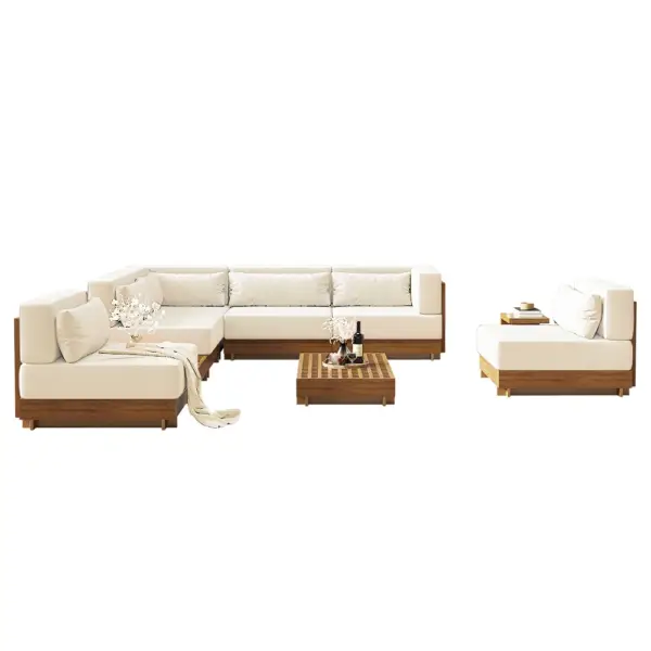 9 Pieces Teak Modular Outdoor Patio Sectional Sofa Set with Coffee Table and Cushion - Image 5