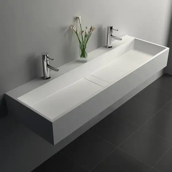 1200mm Wall-Mount Double Basin Stone Resin Matte White Floating Trough Bathroom Basin - Image 10