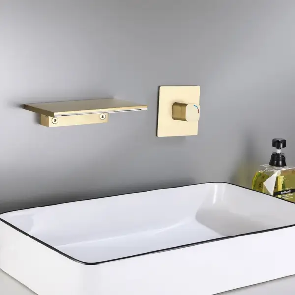 Waterfall Wall Mount Bathroom Basin Tap Single Knob Solid Brass Brushed Gold - Image 4