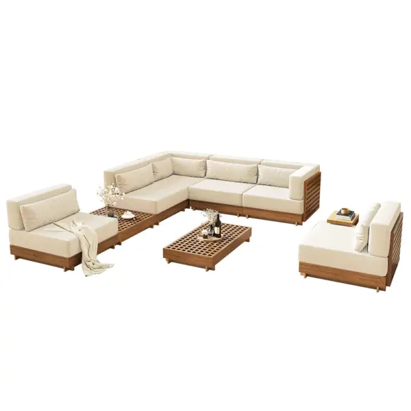 9 Pieces Teak Modular Outdoor Patio Sectional Sofa Set with Coffee Table and Cushion - Image 6