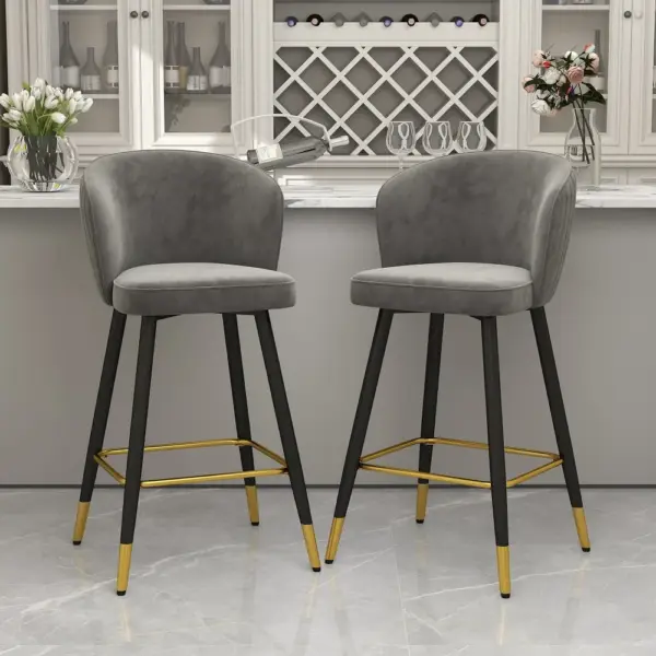 Gray Bar Height Bar Stool Tufted Upholstered Velvet Bar Stool Footrest - Image 2