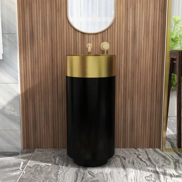 Gold & Black Modern Luxury Round Stainless Steel Basin Pedestal Basin Freestanding