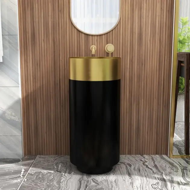 Gold & Black Modern Luxury Round Stainless Steel Basin Pedestal Basin Freestanding