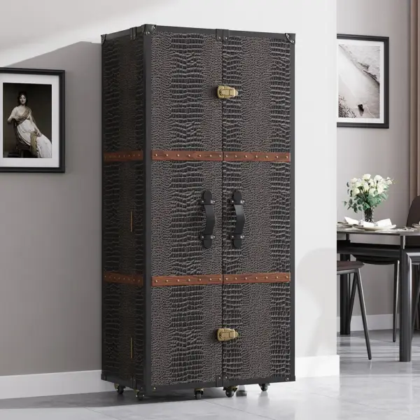 Industrial Black Leather Bar Wine Rack Cabinet with Door Storage Home Bar Cabinet - Image 4