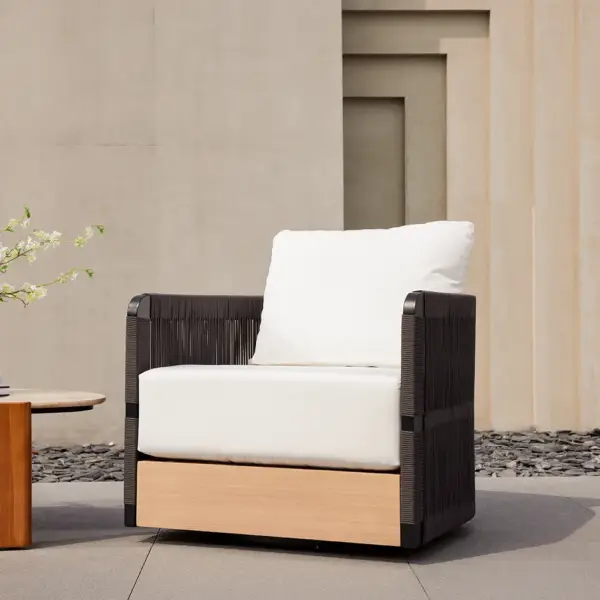 Black Woven Rope Outdoor Swivel Chair Sofa 360 Degree Rotatable Coastal Patio Armchair - Image 7
