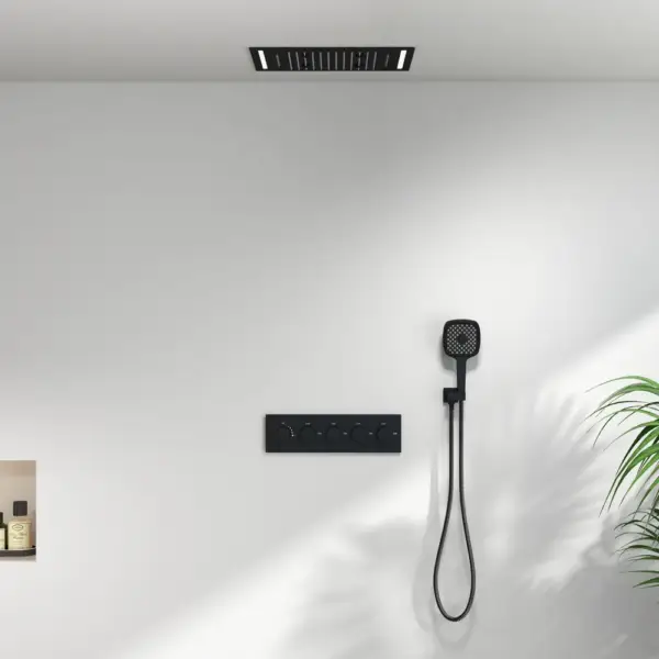 Wall-Mounted 500mm Shower Set Rainfall 4 Functions Thermostatic in Matte Black - Image 9