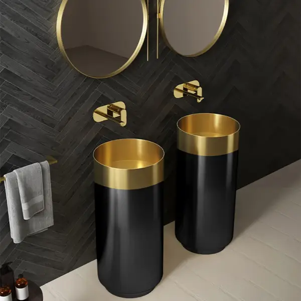 Gold & Black Modern Luxury Round Stainless Steel Basin Pedestal Basin Freestanding - Image 8