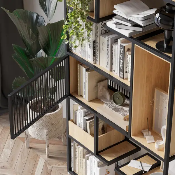 2000mm Modern Black Steel Geometric Bookcase 6-Tier Bookshelf Wooden Tall Book Shelf - Image 5
