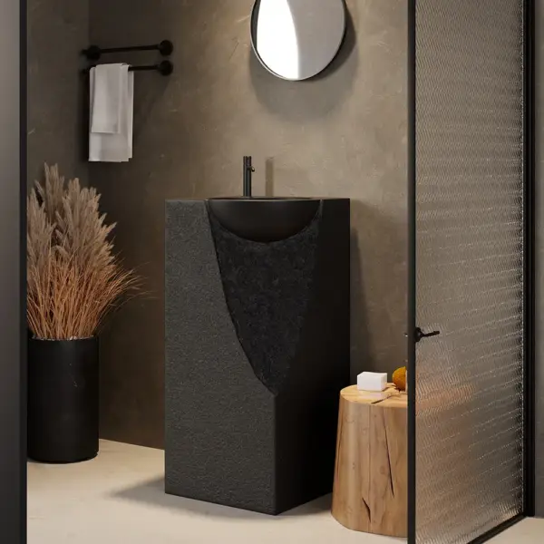 870mm Japandi Tall Stone Resin Pedestal Basin with Rounded Basin Freestanding in Black - Image 7