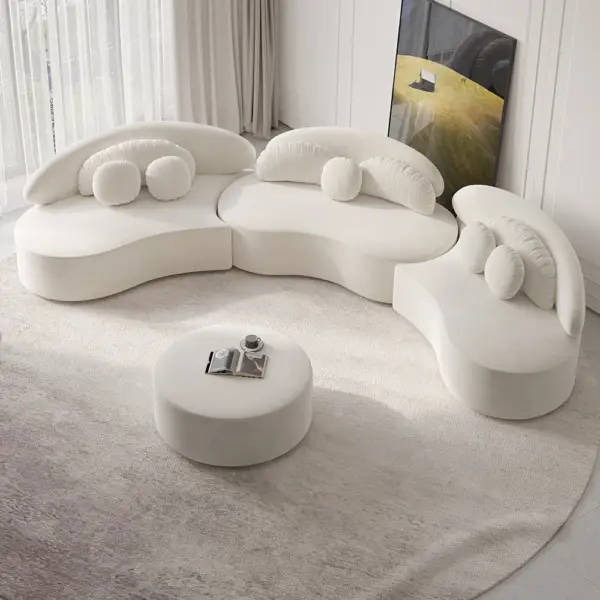 Modern 7 Seat Sectional Sofa Curved Modular Beige Velvet Upholstered with Ottoman - Image 7