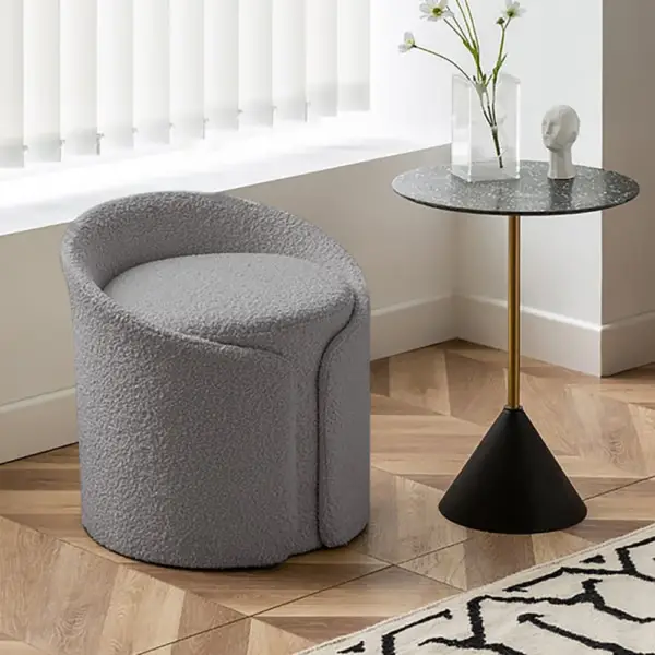Modern Grey Round Lamb Wool Vanity Stool with Backrest - Image 3