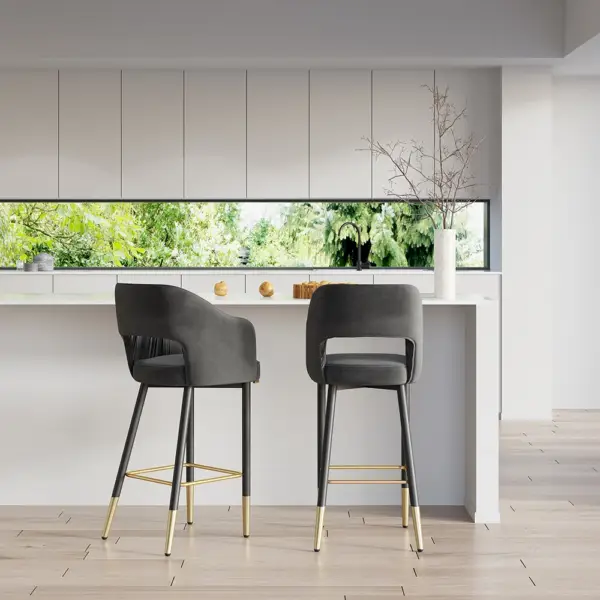 Modern Gray Velvet Upholstered Bar Stool with Low Back & Footrest - Image 4