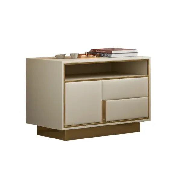 Modern Beige Wooden Nightstand PU Leather Upholstery with 1 Drawer - Image 6