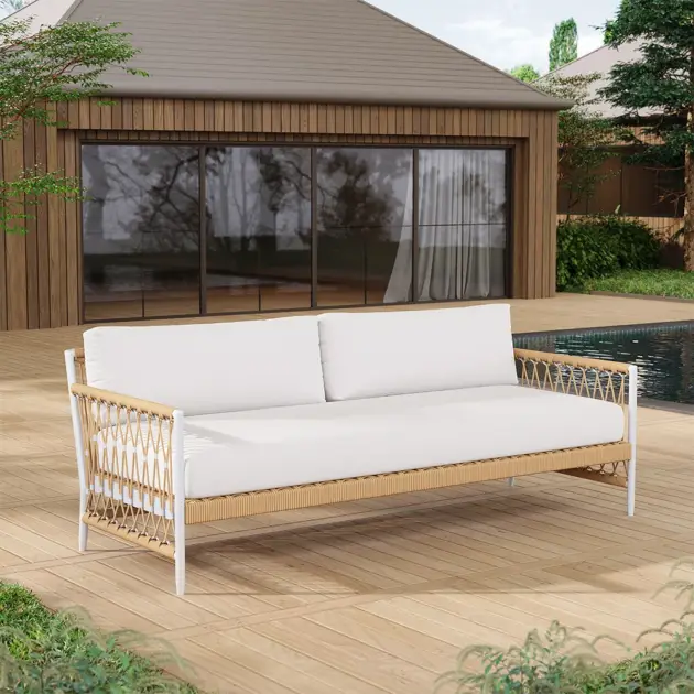 Ropipe Woven Rope Outdoor Sofa 3-Seater Sofa with White Polyester Pillow Cushion
