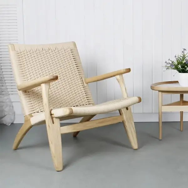 Japandi Solid Wood Outdoor Patio Lounge Chair Armchair Kraft Paper Rope Woven Seat - Image 4