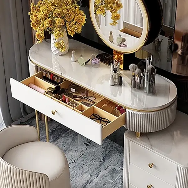 Oboval Modern Makeup Vanity Table with Side Cabinet 4 Drawers & Faux Marble Top in White - Image 3