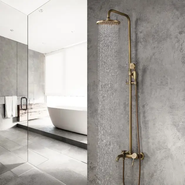Antique Brass Single Lever Exposed Rain Shower System with Hand Shower & Bath Filler