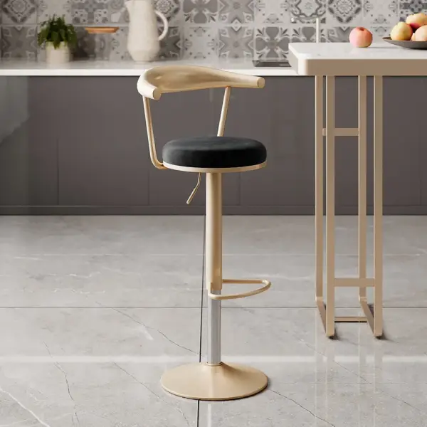 Modern Black Swivel & Adjustable Bar Height Stool with Backrest & Velvet Upholstery - Image 5