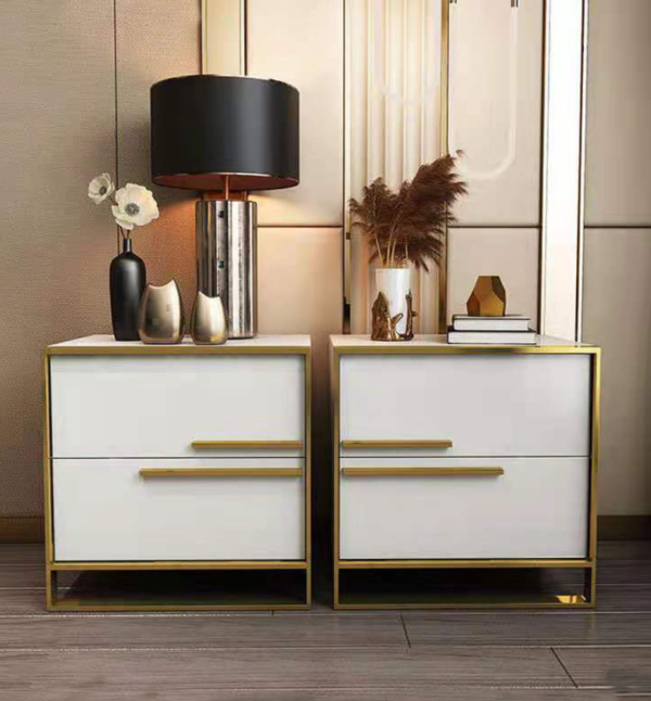 Nightstand Set of 2 White Square Bedside Table with 2 Drawers Minimalist Design in Gold