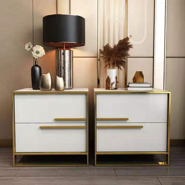 Nightstand Set of 2 White Square Bedside Table with 2 Drawers Minimalist Design in Gold