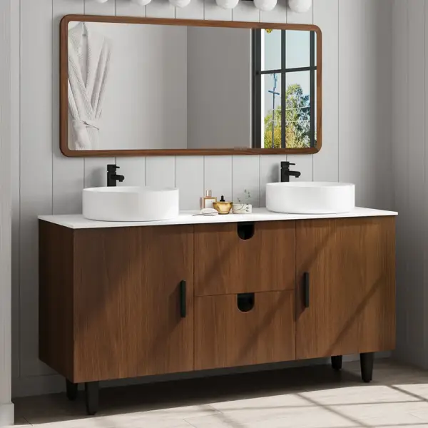 1500mm Teak Wood Freestanding Double Bathroom Vanity with Top Vessel Sink
