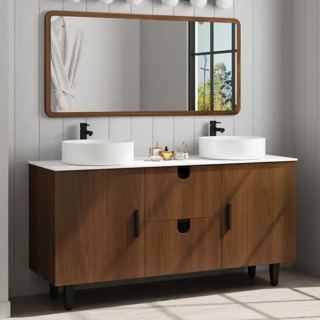 1500mm Teak Wood Freestanding Double Bathroom Vanity with Top Vessel Sink