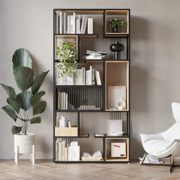 2000mm Modern Black Steel Geometric Bookcase 6-Tier Bookshelf Wooden Tall Book Shelf - Image 6