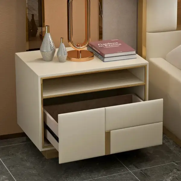 Modern Beige Wooden Nightstand PU Leather Upholstery with 1 Drawer - Image 3